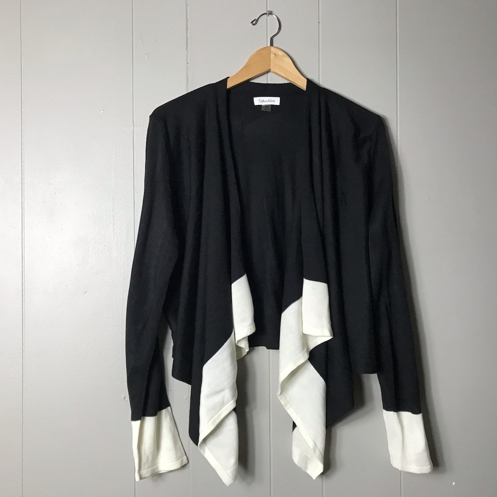 CALVIN KLEIN BLACK WHITE OPEN FRONT WATERFALL CARDIGAN SWEATER WOMENS SIZE XL